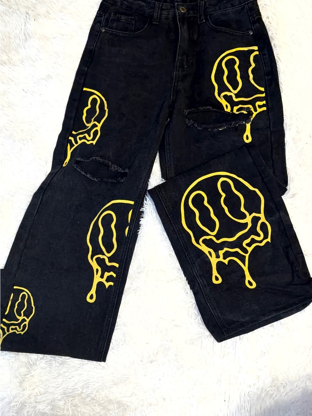 Black Men's Jeans with Yellow Graphic Smile Design